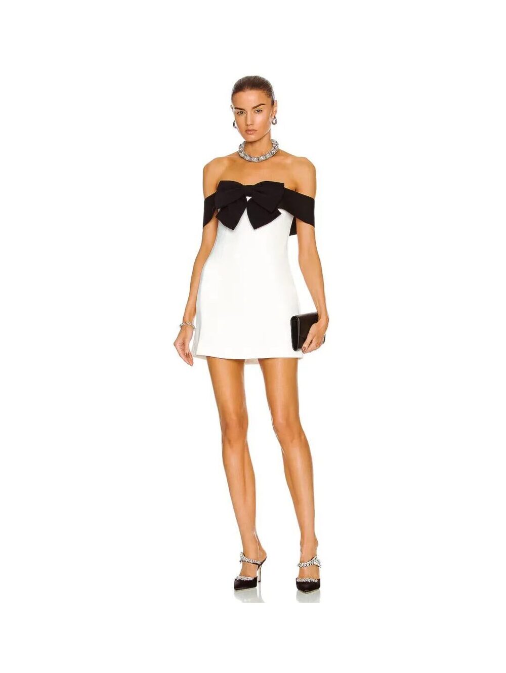 SELF PORTRAIT OFF SHOULDER BOW DRESS IN MONOCHROME